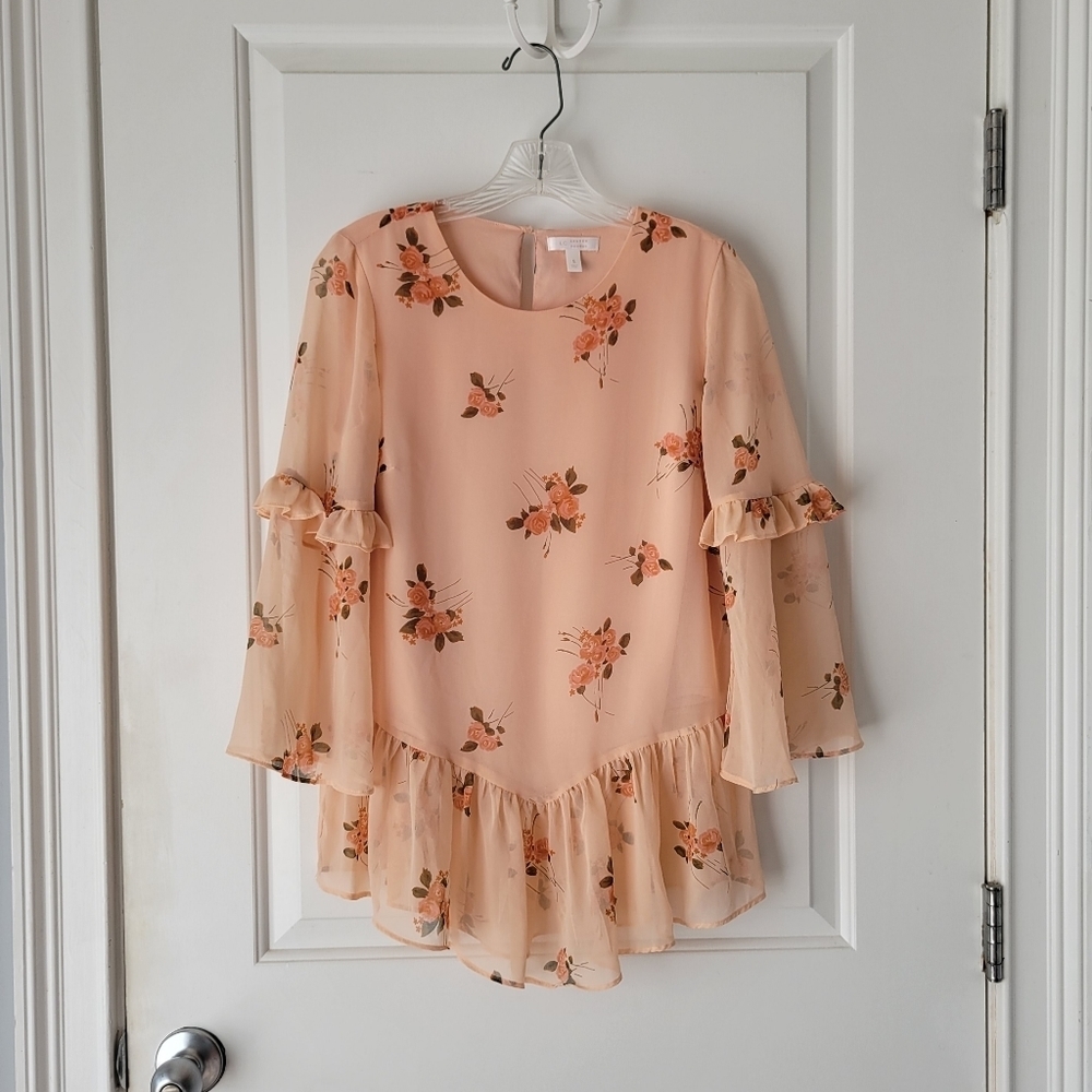Peach Floral Chiffon Ruffle Blouse 3/4 Sleeve